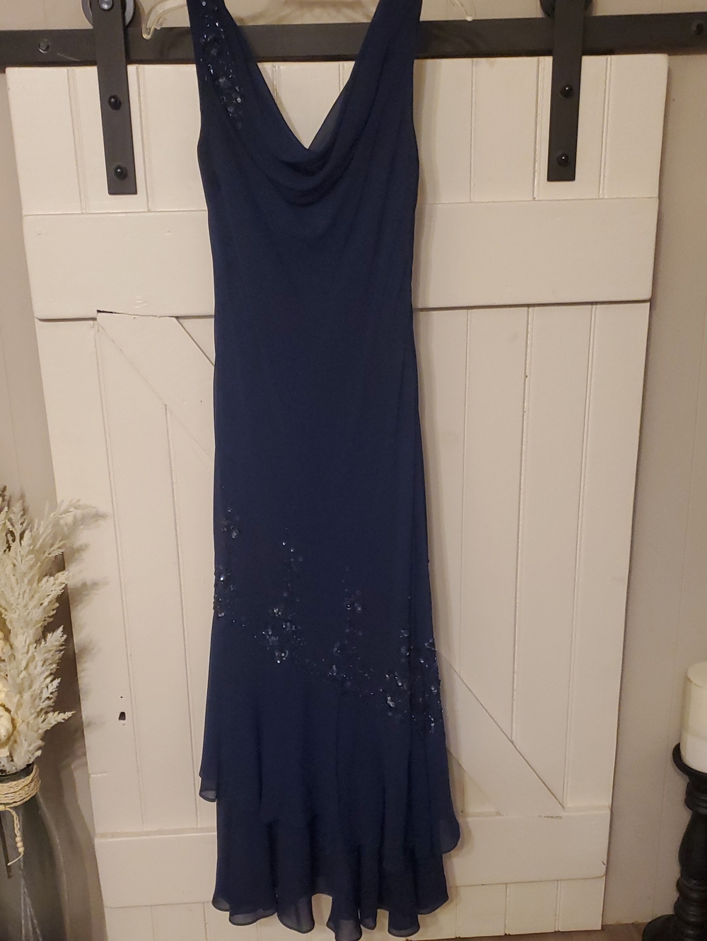 Xscape Navy Beaded Cowl Neck Maxi Dress